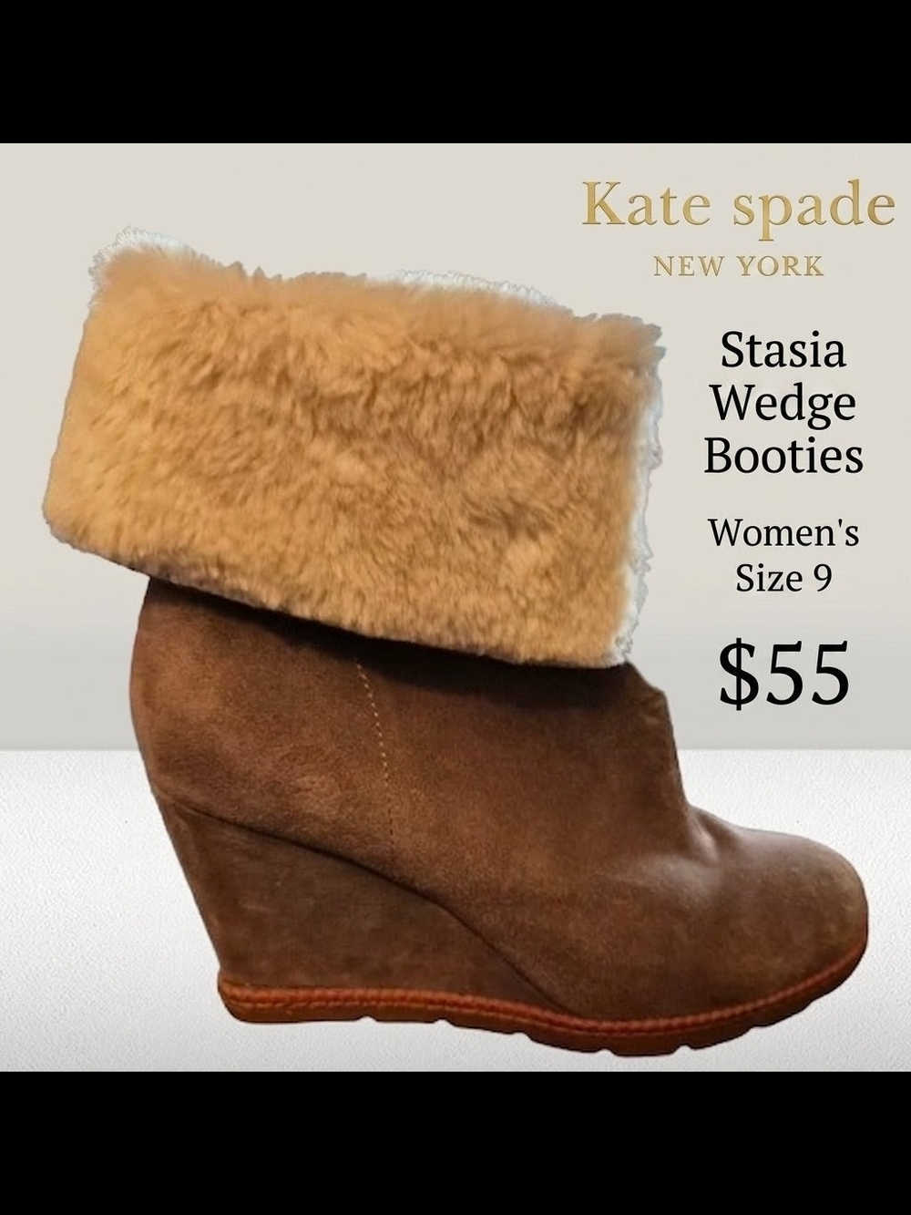 kate spade Brown Suede Wedge Booties with Tan Shearling Cuff